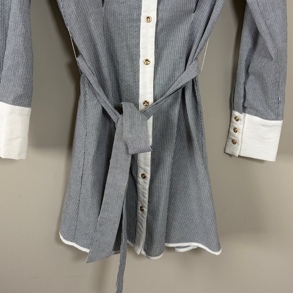 Club L BEATRIZ Grey Linen Pinstripe Mini Shirt Dress Long Sleeves Belted Sz 2 - Picture 8 of 15